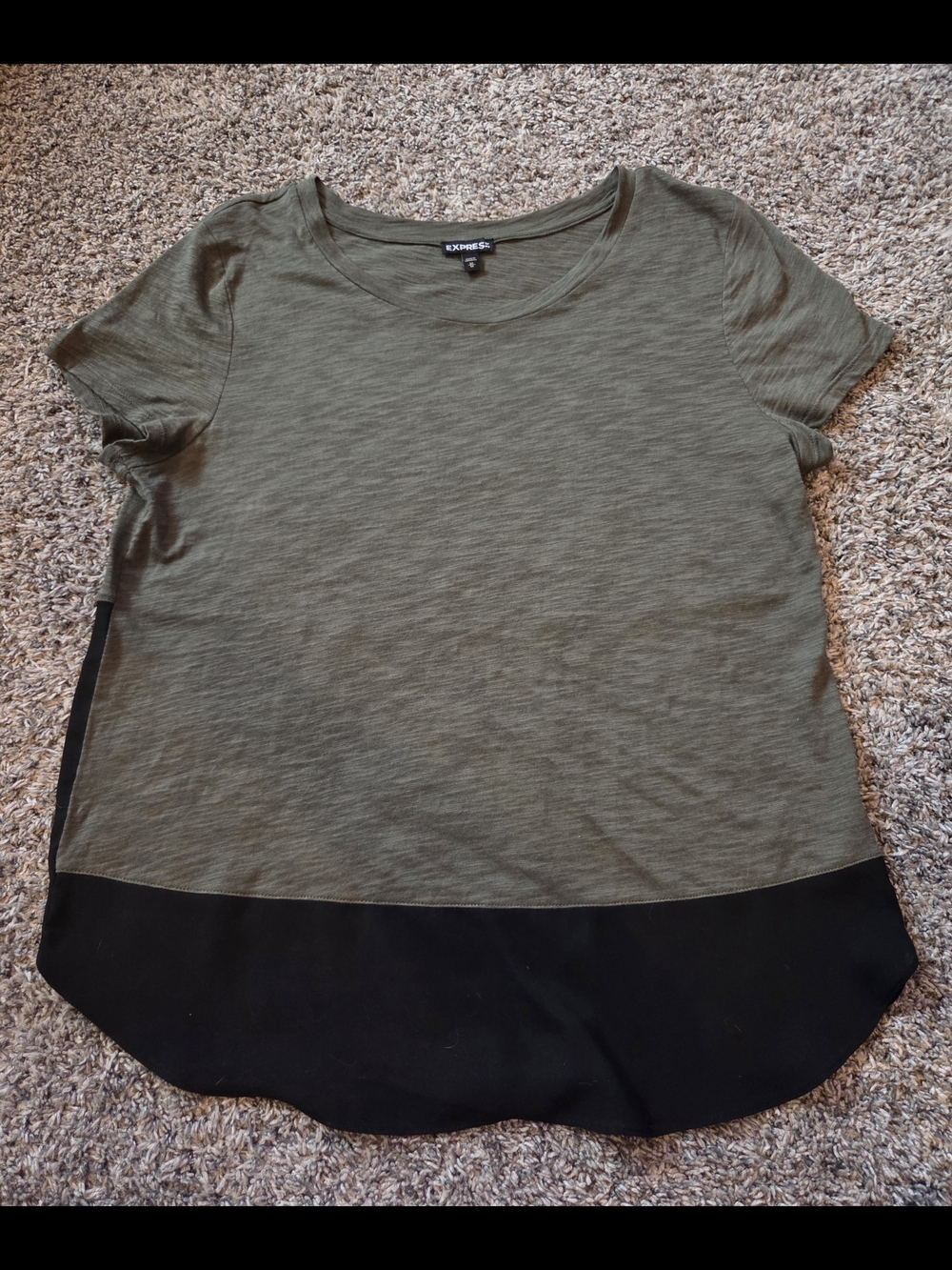 Express Olive Green Short Sleeve Tee with Black Sheer Accent Hem